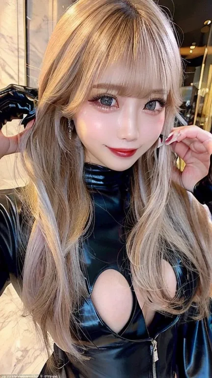 She wears a black latex catsuit, no bra, very beautiful cleavage, very beautiful blonde, gradation color, very beautiful lashes, very beautiful lips, the background is a hotel model, a Japanese 20-year-old girlfriend, she is wearing a black latex catsuit, ...