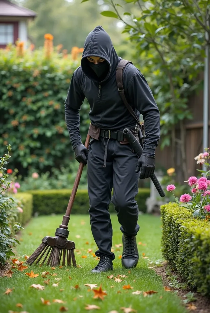 A Ninja doing yard work