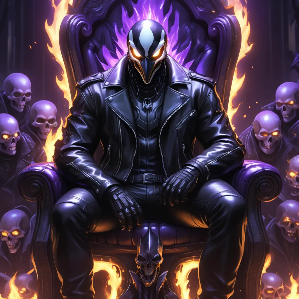 Closeup, an extremely badass anthropomorphic penguin completely possessed by Ghost Rider wearing an insanely cool black leather biker jacket open, black shirt, black leather biker gloves, black leather biker pants, giving it a cool, edgy appearance, Seated...