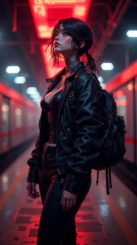 Goethe Futurist style，A cool girl，High Value 1.5，Fine Tailor 1.5，Sexy Lip Edge 1.0，full body shot，High realism， High detail， HD ，8K quality，Sharp Eye，looking_up , Dark Hair，short ponytail，Bra Vest，Fit Black Leather Jacket，black leather pants，Black Backpack...