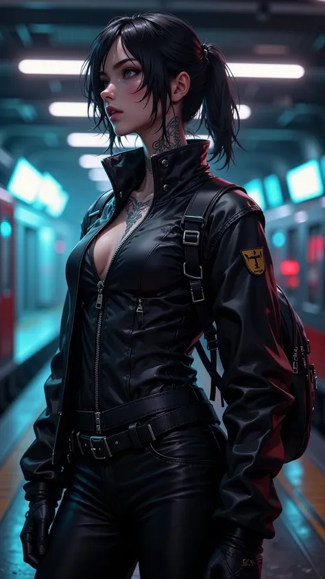 Goethe Futurist style，A cool girl，High Value 1.5，Fine Tailor 1.5，Sexy Lip Edge 1.0，full body shot，High realism， High detail， HD ，8K quality，Sharp Eye，looking_up , Dark Hair，short ponytail，Bra Vest，Fit Black Leather Jacket，black leather pants，Black Backpack...