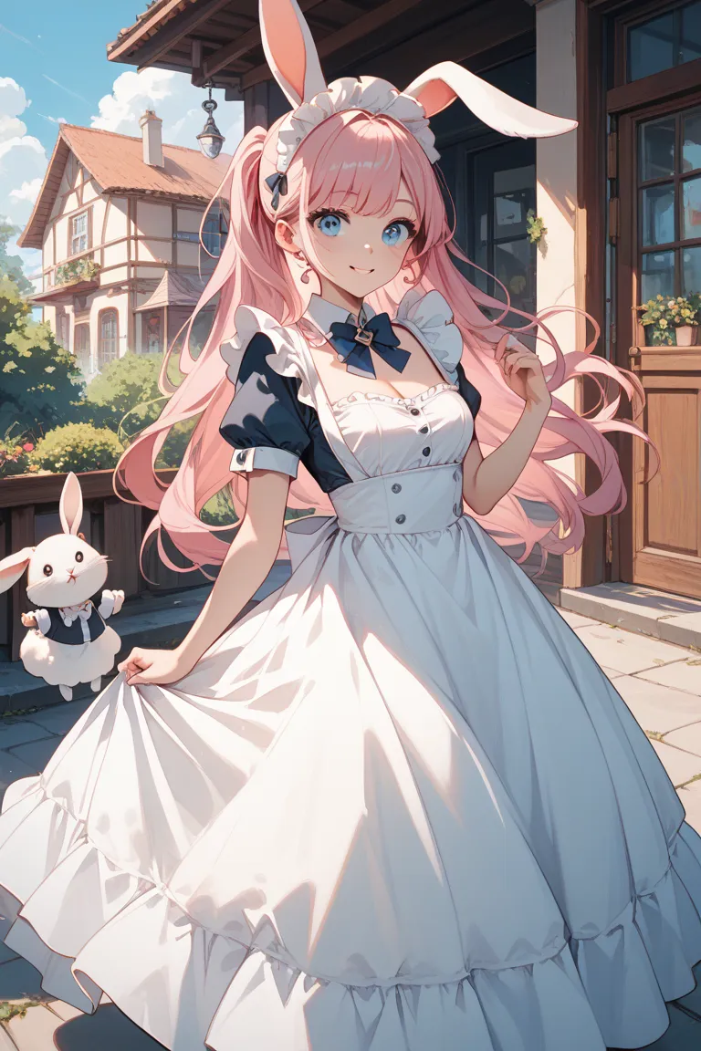 rabbit　 Creature　cute　 pink hair　blue-eyed maid clothes　long skirt with low skin exposure　 long hair　 girls on the left　 high five　bout　change　show