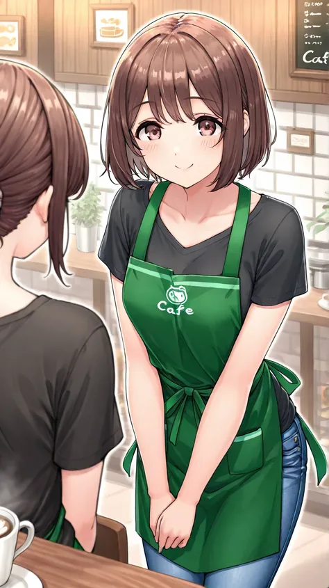  (超high resolution), (woman,    is short,  medium chest , 18 years old, OL ), (    Brown Hair,  bangs  , short hair ), Tareme , ( smile,  jeans, Black T-shirt, Cafe,  green apron),(8k, 躍動感,Top Quality,   masterpiece,   clear  , 超high resolution,  非常にexhaus...