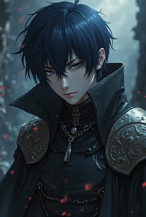 Create a male anime character for me, get your hair medium length and dark blue graphics and background remind me of berserk