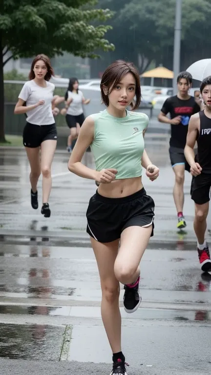 Hot woman, wear sexy tight black running outfit, short pants, wet outfit, croop top, short hair, gradian mint hair, running at the park with crowded people, realistic photo, rainy day, full body, six pack