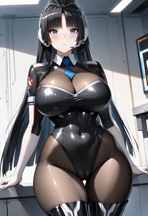 ((masterpiece)),((highest quality)),((8k)), ((award winning)),((super detailed skin)),((textile shading))solo,1girl,Briefing Room,((skindantation: 1.2)),((science fiction)),((Beautiful blue eyes)),perfect face,anime style,((game cg)),((curvy: 1.5)),((Blue ...