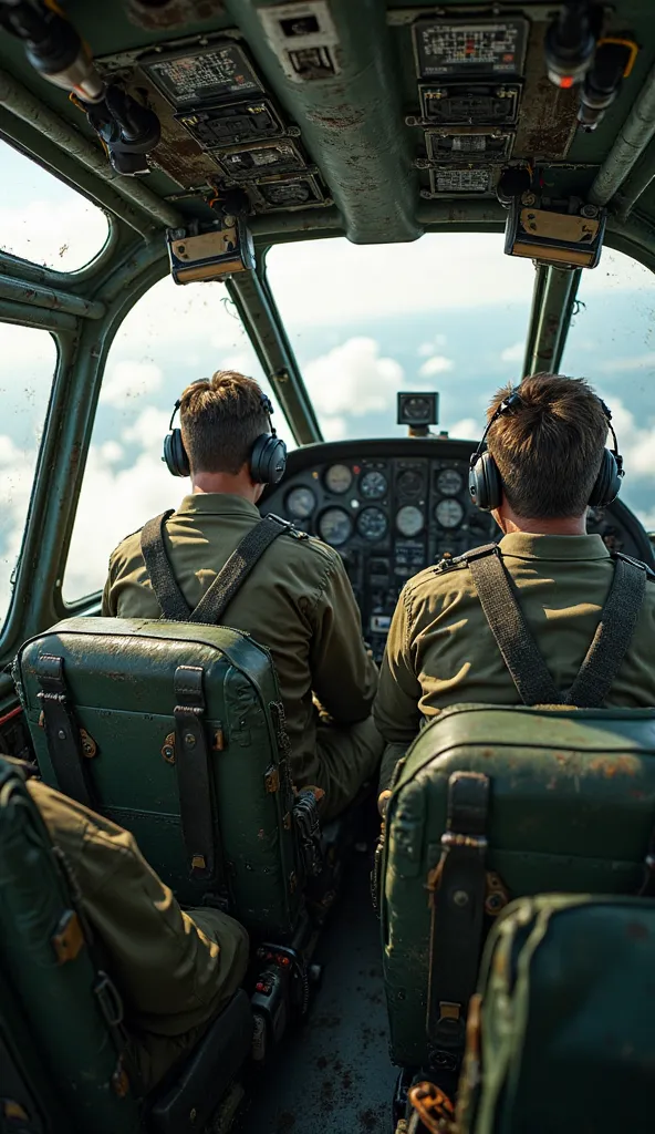 "A hyper-realistic, ultra-detailed 4K image capturing the cockpit of a vintage military aircraft in flight. Two pilots, dressed in classic olive-green military flight suits with harnesses and headsets, sit in their seats, attentively navigating the aircraf...