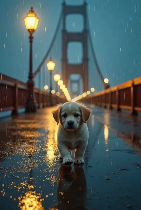 A cute and lonely puppy walking on an iconic bridge during the rainy night. The scene is illuminated by the yellow lights of the poles,  reflecting on the wet floor . In the background, the grand structure of the bridge extends across the horizon, surround...