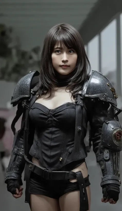 8k,   Ultra High Definition,  (( bob cut short hair  ))、  full body,    beautiful, captivating,   Heavily armed,    Ruined Battle Spaceship    ,  Heavy armored suits on display  , Battle Form   , Show your face,     among her advanced weapons    ,   fire h...