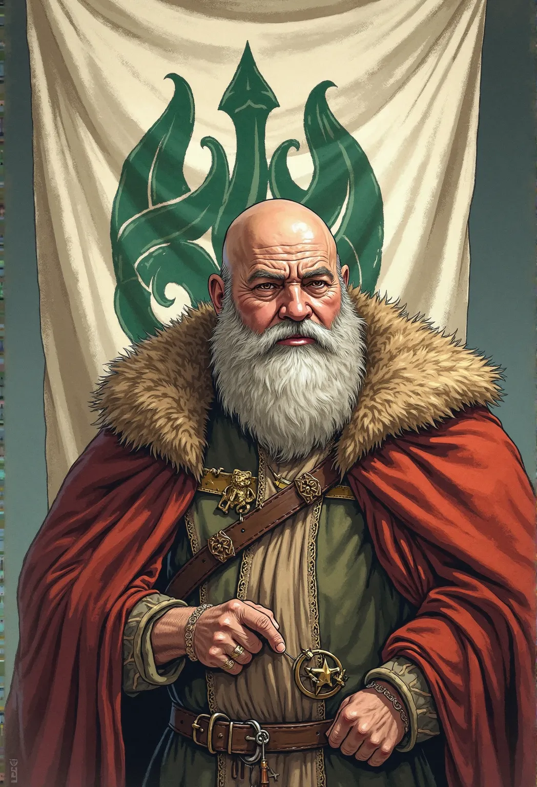 A realistic medieval fantasy portrait of a noble lord. He is 40 years. He is a round and fleshy man, bald and bearded. He has a fat white face. He dresses in furs and velvets and has a fox-fur mantle. On the background a large white banner. On the banner h...