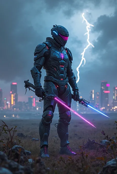 "A warrior stands in a vast field under a gloomy, cloudy sky illuminated by neon flashes. He wears high-tech cyberpunk armor with holographic elements glowing in blue and purple hues. His helmet has a visor that emits a faint glow, partially hiding his fac...