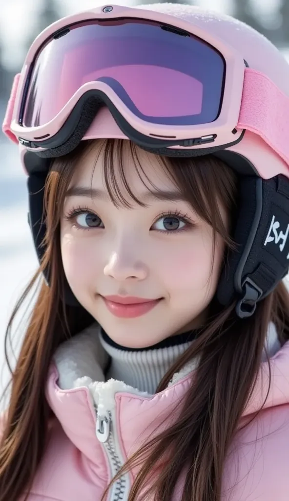 (masterpiece,best quality:1.4),(8k,raw photo,photo realistic:1.2),(shiny skin),detailed skin,detailed face,detailed eyes,1girl,upper body,Japanese idol,extremely beautiful face,brown hair,a girl skiing,wearing a pink snow helmet and goggles,at the ski slop...