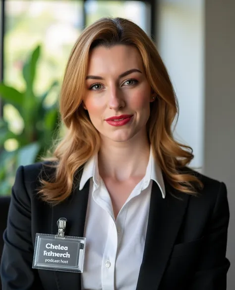 Carebecc,  woman . She looks right at the viewer with a serious and stern expression. Her eyebrows are moved down.  She wears red lipstick .  her mouth is closed , Her lips are tight. She is wearing a white professional shirt and a black business suit. Sim...