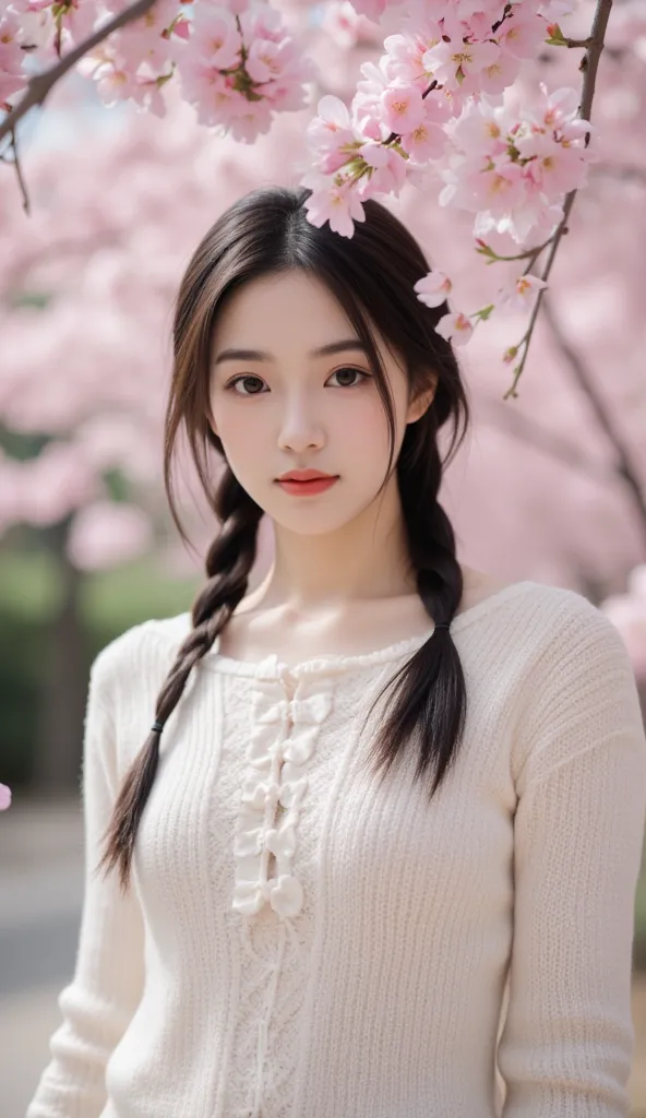  Sexy sweater，Eyes are very delicate，Beautiful girl with double braids，Under the cherry blossom trees，Sakura petals are flying all over the ground，Big ，Full body image