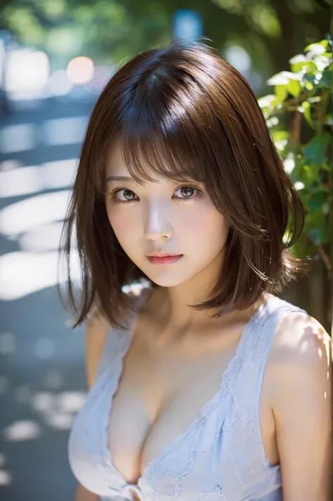 Standing in the city、、high quality,超high resolution,、1 person,full body、Shiny brown hair,(8k, 4K、最high quality, high resolution, 超high resolution:1.1)、Short Bomb Hair、Cool Look,staring at the camera,beautiful skin、、 bold cleavage exposure、full bodyの画像、 rea...