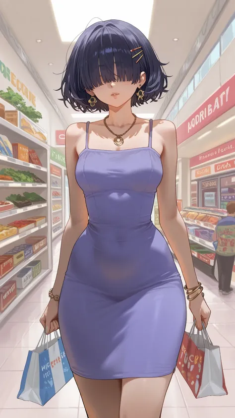 female, cute, shopping mall, wide hips, J cup , bangs over eyes, wearing a tiny dress, short rough hair, hair pins, earrings, bracelets, shocker, necklace, holding shopping bags, 