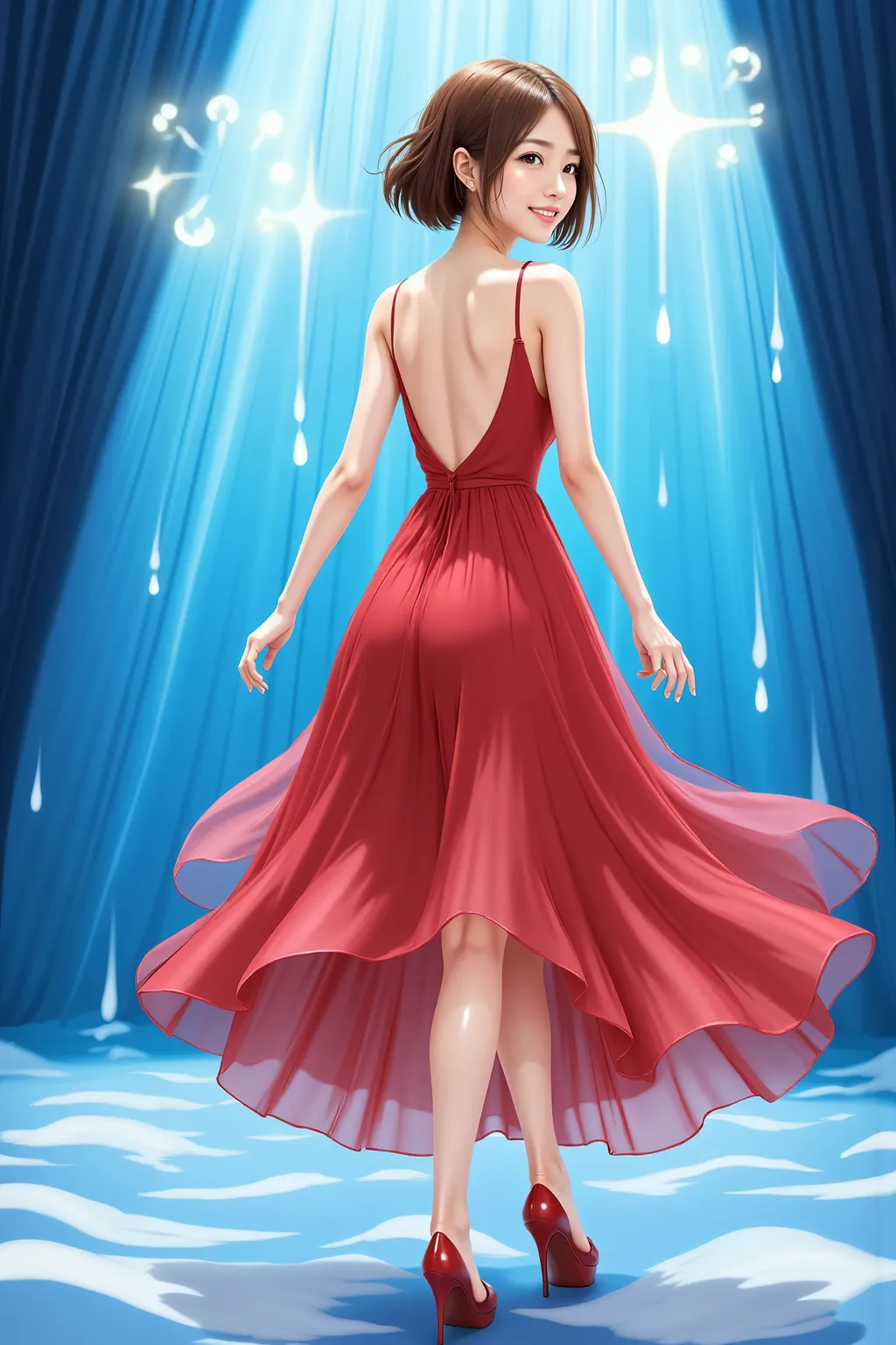 (Character)
 top view of a Japanese woman in her 20s, natural brown hair color,short hair, shaggy,
(clothing)
Sheer Material, crimson aerial dress, The back is wide open below the waist, high heels,
(action)
she walks briskly on stage,
and the hem of her d...