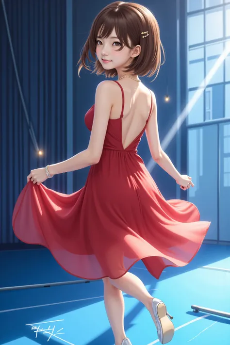 (Character)
Bird's-eye view of a Japanese woman in her 20s, natural brown hair color,short hair, shaggy,
(clothing)
Sheer Material, crimson aerial dress, The back is wide open below the waist, high heels,
(action)
she walks briskly on stage,
and the hem of...