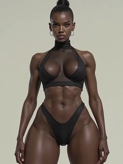 accurate adherence: [awesome: kickass: skinny woman with insanely HUGE angular HIPS: LONG TRAPEZOIDAL] Moor Woman with micro-waist, she has darkest melanin: perfection, that shows her average build TORSO with an underlying mesomorphic musculature, Her glut...