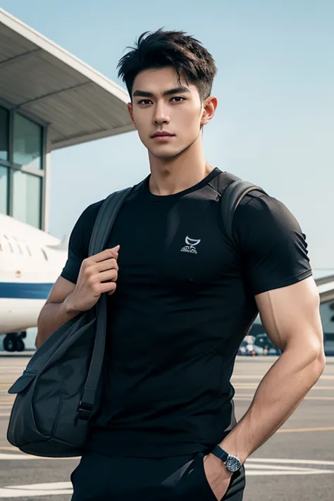 Pria Kaukasia, hidung mancung, bibir tipis,  mata biru , Black Hair, athletic body, young handsome face, kaos tanpa lengan, menatap tajam, best quality, mahakarya , detail ultra tinggi ,A handsome muscular man, black shirt that fits the body, black pants, ...