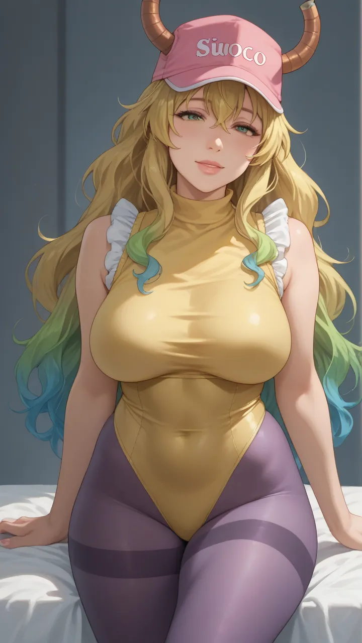 Lucoa, blonde hair, horns, pink cap, black longsleeve yellow leotard, glossy, violet pantyhose, frills, ruffles, tight, perfect body, nice body, curvy, beautiful woman with curvy body, wide hips and thick thighs, 