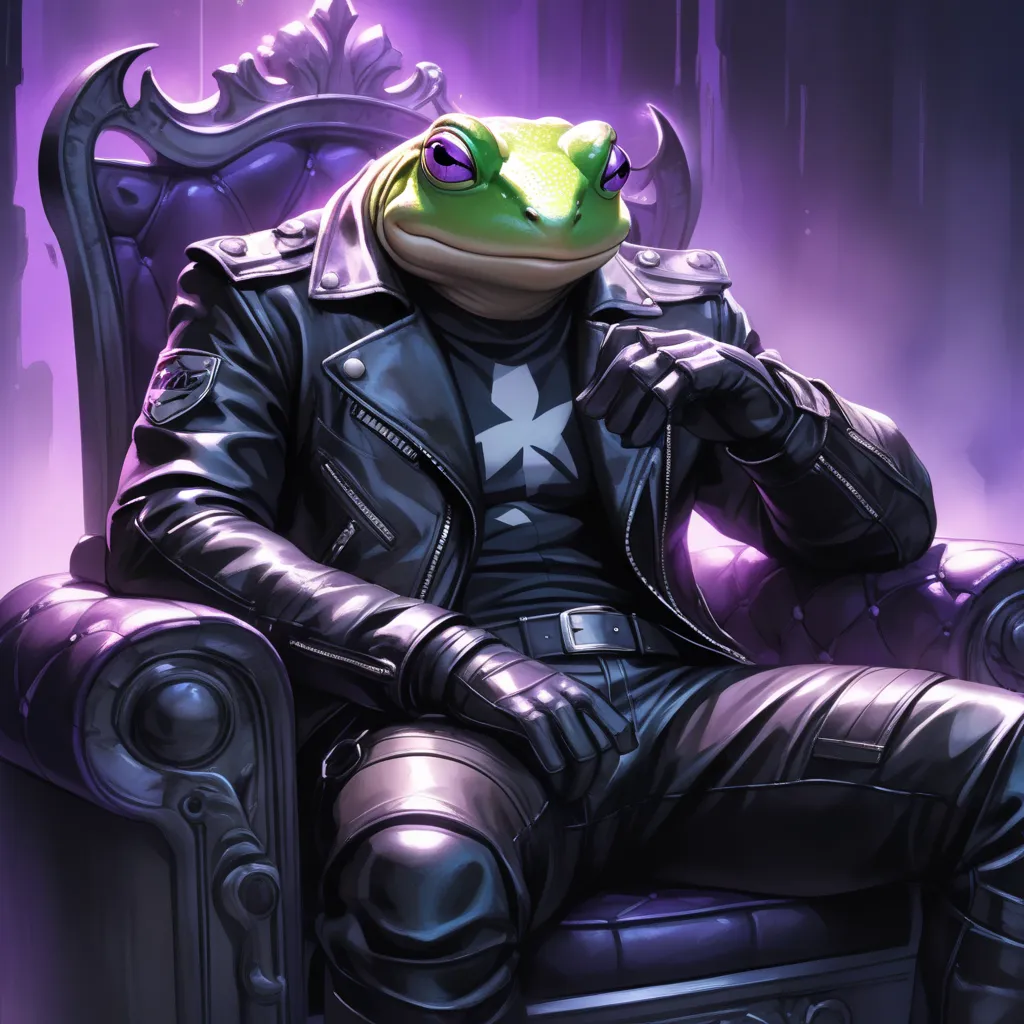 Closeup, Watercolor, comic book art style, an extremely badass anthropomorphic light blue and white bullfrog wearing an insanely cool black leather biker jacket open, black shirt, black leather biker gloves, black leather biker pants, giving it a cool, edg...