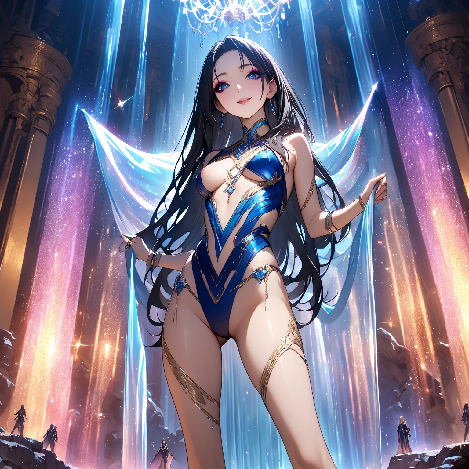  TOP QUALITY、 ultra-precise depiction、  bright colors、 beautiful girl 、(One person)、40 years old、 Height、long legs、 accurate facial depiction、Ancient City、chandelier curtain、LED curtain that looks like a waterfall、bikini armor、Metal Armor、  beautiful hair、...