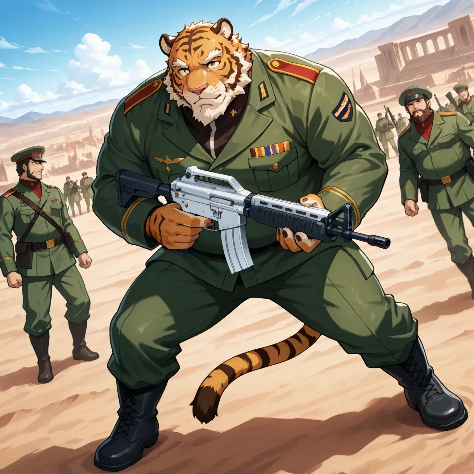 character focus, full body, looking away, dynamic angle, military, sergeant, musclegut middle-aged mature tiger man, set up assault rifle, military costume clothes, jacket, shirt, pants, boots standing, fighting, BREAK full body in Michelangelo Buonarroti ...