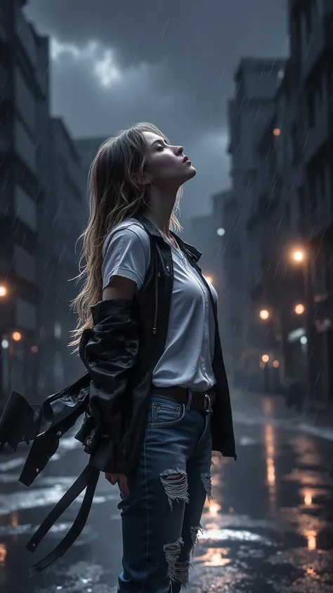 Capturing the essence of loneliness，A person named Glara H Lady standing alone in the rain， wearing white shirt ，jeans and a black leather jacket，her hair is wet，clothes stuck on her，as she looks up at the sky in the rain。 This scene includes dark clouds，G...