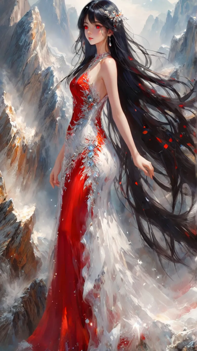  One girl ,  black hair,  red eyes,  very long hair,  high res, accurate,  top quality ,  High Details,  crystal earrings , Overlooking,  Ring of Angels ,  abstract painting, jewelry
1 girl,  bright red dress standing on a rocky mountain　japanese woman　 be...