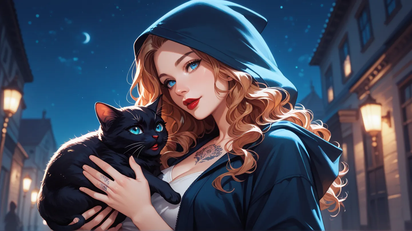 1 woman, with tattoo, black wavy hair, blue eyes, wearing a hood, absurdres, high res, ultrasharp, 8K, masterpiece, dark atmosphere, night time, red lips, carrying a cat