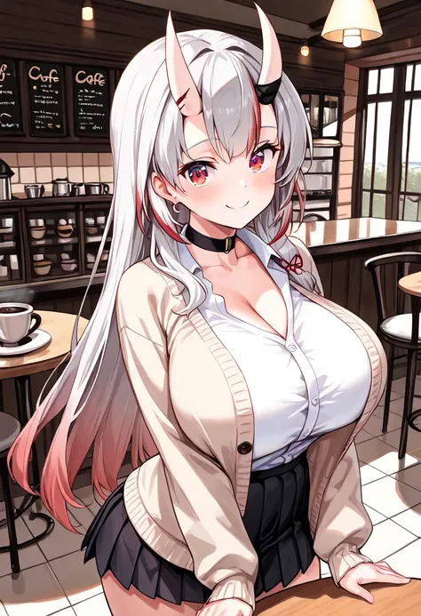 (TOP QUALITY , 8k , masterpiece , incredibly absurdres , perfect body , super detailed skin , highly detailed eyes and face , 1 woman ) ,  nakiri ayame , Silver Hair , red eyes , demon horn , smile ,  will be happy , ( white shirt ,  beige cardigan , black...