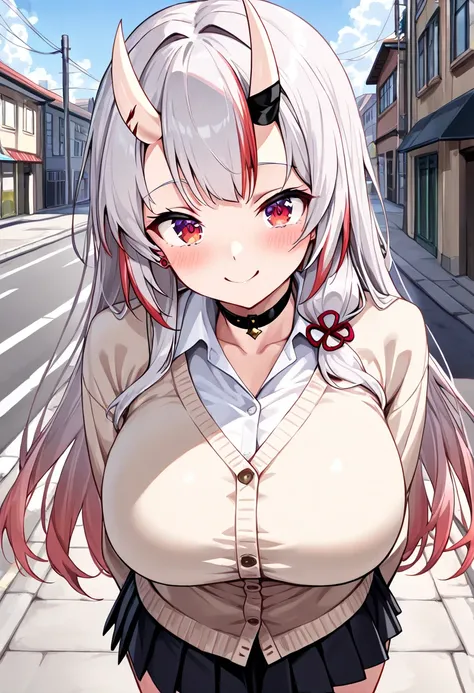 (TOP QUALITY , 8k , masterpiece , incredibly absurdres , perfect body , super detailed skin , highly detailed eyes and face , 1 woman ) ,  nakiri ayame , Silver Hair , red eyes , demon horn , smile ,  will be happy , ( white shirt ,  beige cardigan , black...