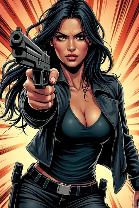 Woman holding gun in one hand and a syringe in the other comic strip 
