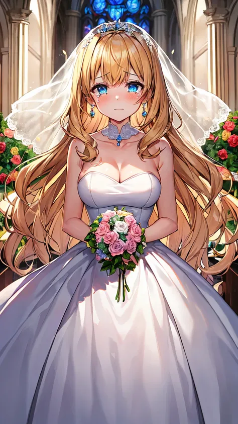 ((  TOP QUALITY)), ((  Background masterpiece   )), (   exhaustive),    perfect face, (  TOP QUALITY), (   exhaustive skin:1.3), (複雑な  exhaustive),   curly hair ,    wedding style,   bridal dress,((I'm shedding tears of emotion)),crying, Expressions of joy...