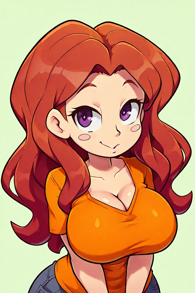 chica, Caucasian,  thin,  purple eyes, rough and sexy look , big breasts, long wavy hair, Dark redhead.  orange shirt . He has a lot of emails in his hands and he reads. Crear stickers. green background.