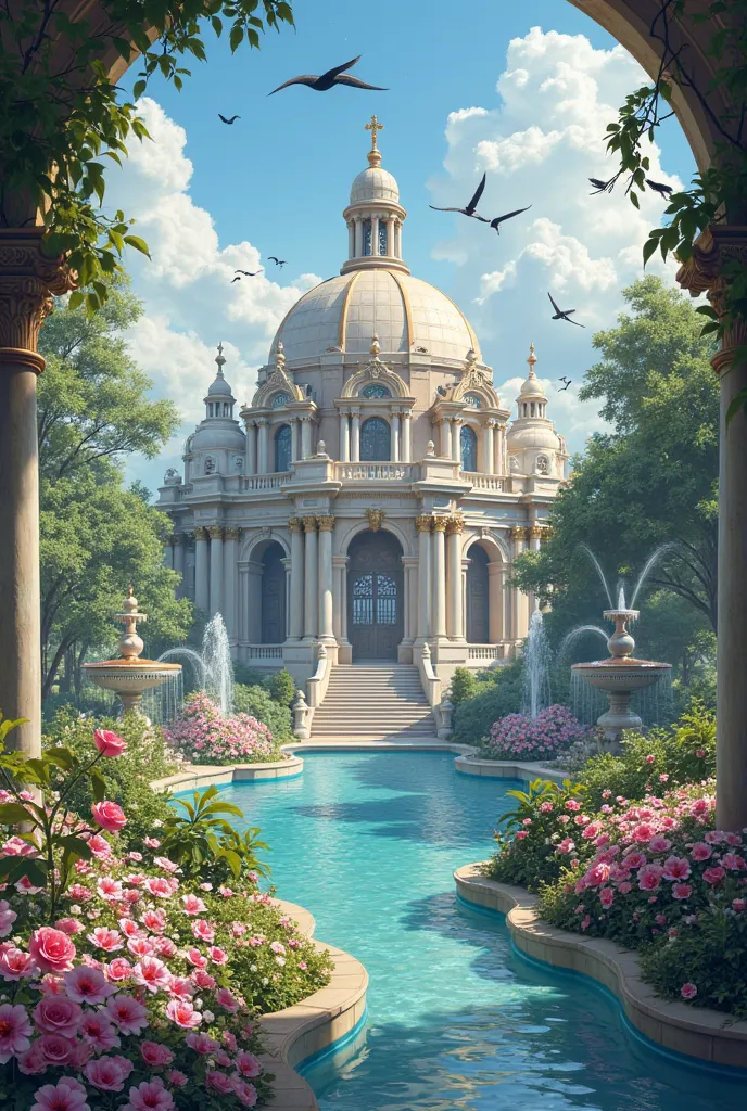 Generate a place, which looks like paradise on a castle, let it be Venetian fountains, columns, vokoug blooming gardens and birds