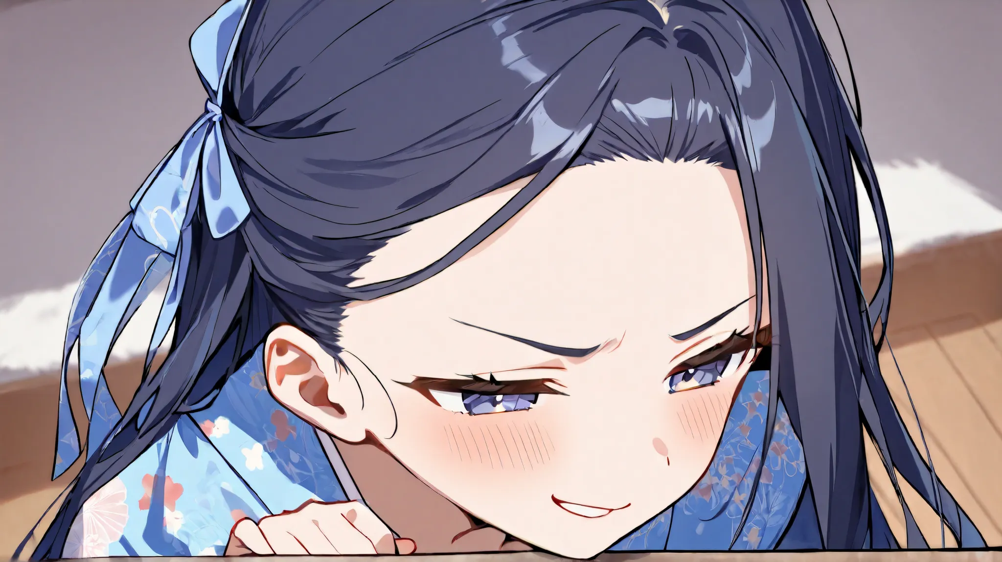  long hair, (  black hair) , bangs、Forehead , 1 girl, solo、 blue hair ribbon 、 blue kimono、Slightly Bare 、 Costume、high quality、cute，Smug face