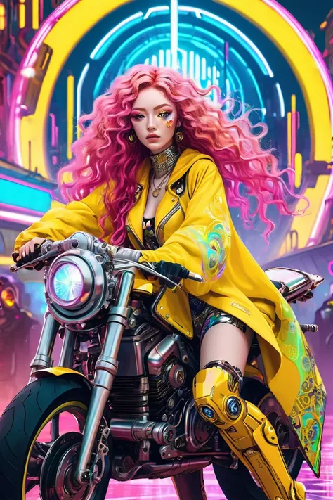 Wear a yellow cape with a psychedelic pattern、A long-haired, freckled woman with pink curly hair in mechanical cyberpunk fashion, gorgeous large accessories - and flashy eye makeup is riding a psychedelic, mechanical cyberpunk motorcycle