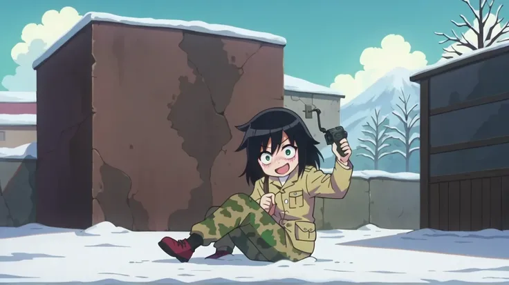 score_9, score_8_up, score_7_up,anime_source, source_anime, snow slush and war background, detailed background, anime screenshot, Tomoko Kuroki, soldier uniform camouflage, in a trench, blush, joyful, dynamic angle, dynamic pose, sitting cross-legged, hold...