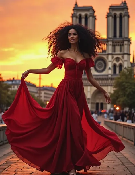 Create Esmeralda, a dancing gypsy girl in a red off-the-shoulder dress with flowing black curly hair, with Notre Dame Cathedral in the background at sunset, is extremely realistic ,  detailed,  Masterpiece  