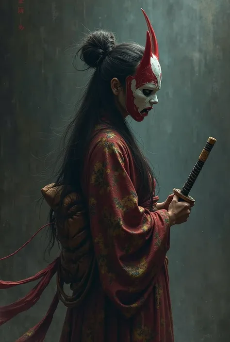 Japanese adult woman wearing kimono、holding a bamboo sword。Long hair、Black、eyes and face are completely hidden by a white and red Japanese Hannya mask。The background is dark 。Japanese adult woman wearing kimono、only her face is facing the front。