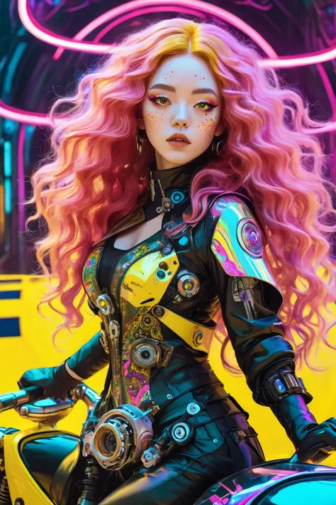 Wear a yellow cape with a psychedelic pattern、A long-haired, freckled woman with pink curly hair in mechanical cyberpunk fashion, gorgeous large accessories - and flashy eye makeup is riding a psychedelic, mechanical cyberpunk motorcycle