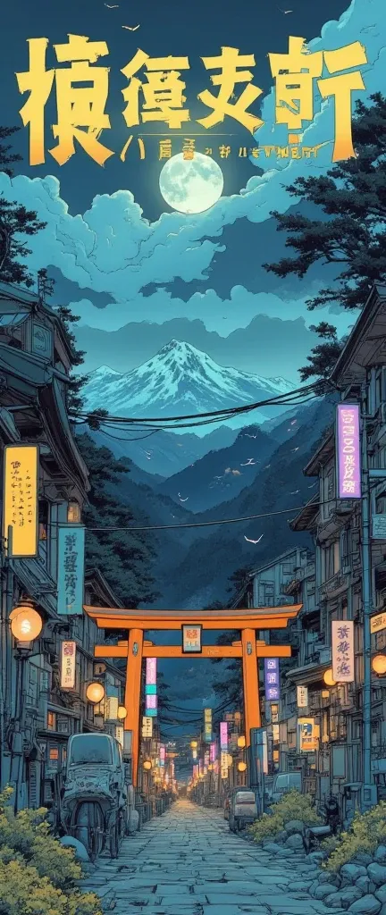 cyberpunk,mountains,shrine,countryside,Woodland,mechanical,Many Torii Gates,Deep in the mountains,night,Lantern,cloud,Flock of birds,advertising signs line up,Talk to a dynamic microphone fixed to the ,dynamic angle,dynamic typography,movie poster, magazin...