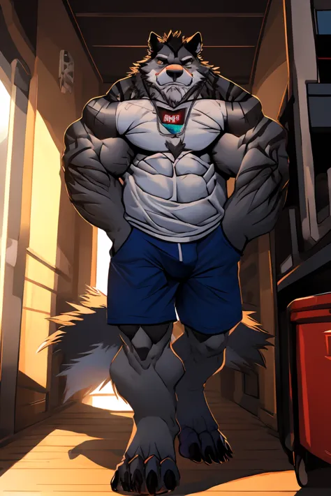 1man, Solo, Upper Body, From Front, Best Quality, 8k, Anthro, Furry, Dark Gray Wolf, ((Looking At the Viewer)), Shirtless, Gray Shorts, Blushes, Frown Face, 