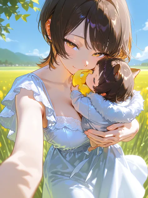 masterpiece、最 high quality、 high quality、 is very aesthetic、 absurd、up to date、 1 woman、 short brown hair、 short wolf cut, very short bangs, white dress  、holding her baby、、masterpiece,  high detail, Field