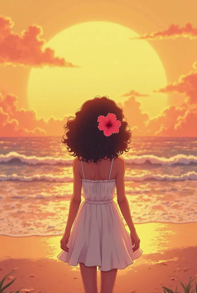 I want an animated vertical image, where there is a sunset on the beach with a yellow sky, orange and pink, With a girl with a lively back dressed in white, That the girl has curly hair y una flor hibiscus en el pelo, That the girl is on her back facing th...