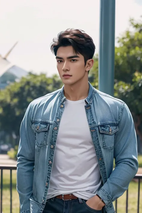 Pria Kaukasia, hidung mancung, bibir tipis,  mata biru , Black Hair, athletic body, young handsome face, kaos tanpa lengan, menatap tajam, best quality, mahakarya , detail ultra tinggi ,A handsome muscular man, wearing a jacket and jeans, exuding charm, re...