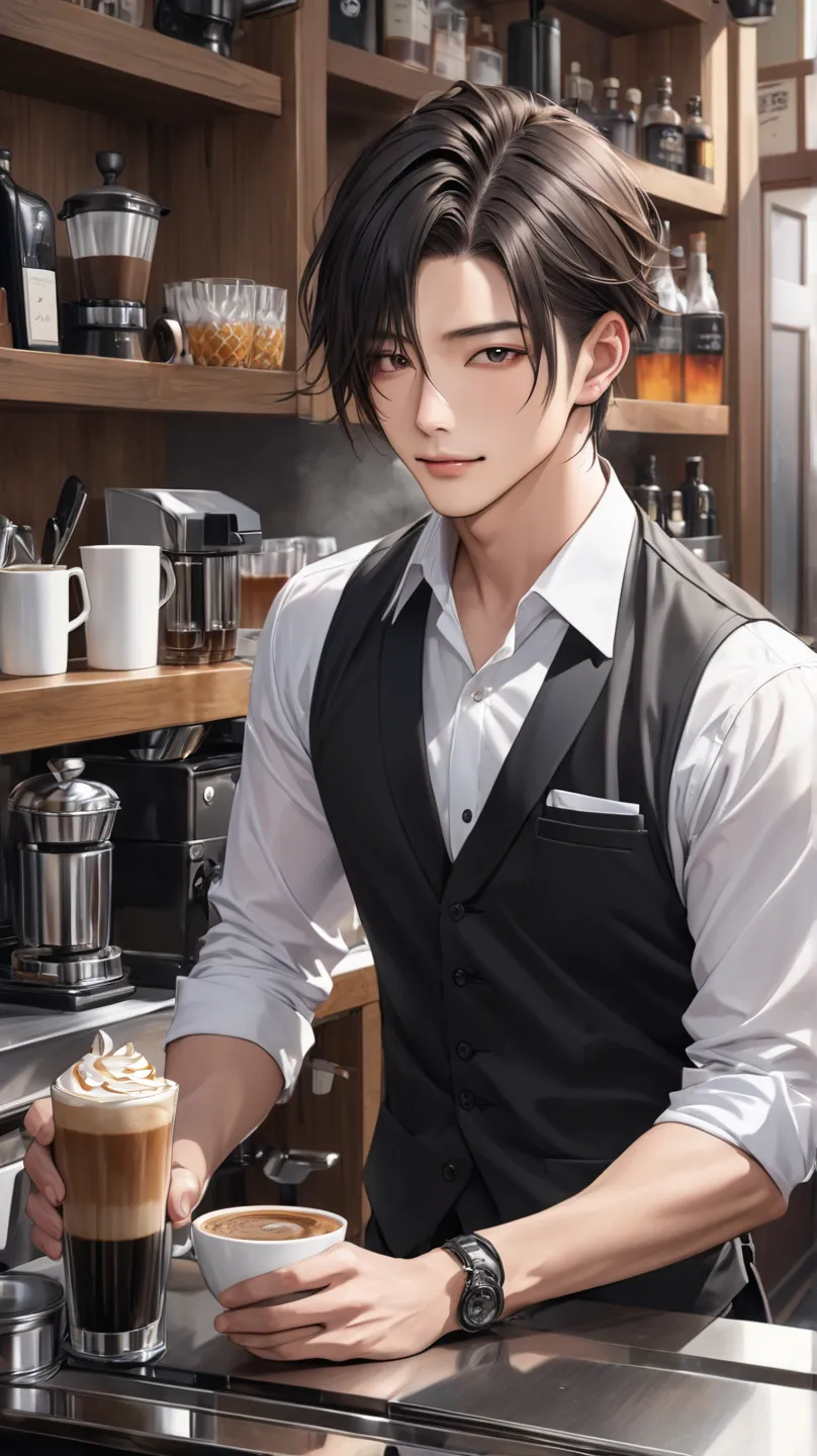 (photorealism:1.2),  very Handsome japanese man, 22-27 year-old, Bartender ，In the coffee room, Make coffee 