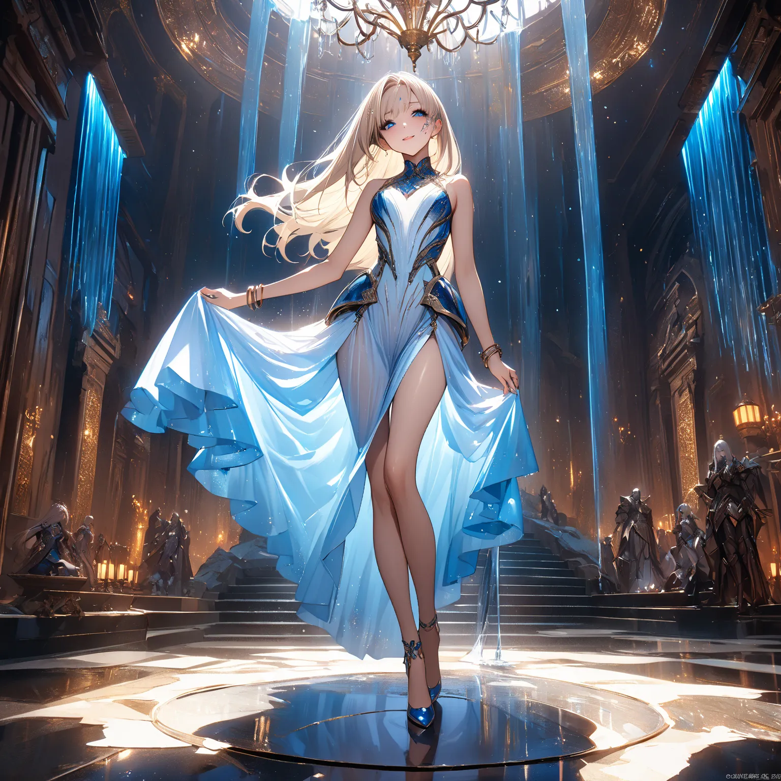  TOP QUALITY、 ultra-precise depiction、  bright colors、 beautiful girl 、(One person)、40 years old、 Height、long legs、 accurate facial depiction、Ancient City、chandelier curtain、Stone floor、LED curtain that looks like a waterfall、Metal Armor、Armor、saber、  beau...